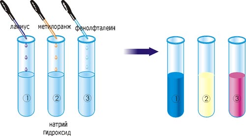 Изменение цвета индикаторов в растворе щелочи.