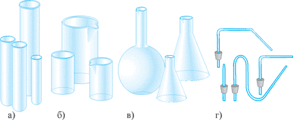 Рис. 1. Посуд загального призначення: а) пробірки; б) хімічні склянки; в) колби; г) газовідвідні трубки.