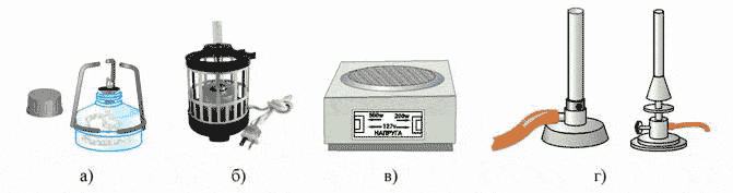 Рис. 9. Нагрівальні прилади: а) спиртівка; б) електрична баня з штативом для пробірок; в) електрична плита; г) газові пальники.