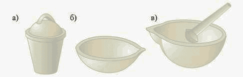 Рис. 8. Фарфоровий посуд: а) тигель; б) чашка для випаровування; в) ступка з товкачиком.